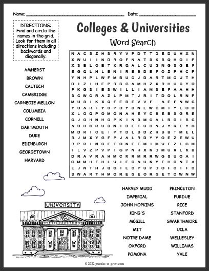 College Word Search Puzzle Printable