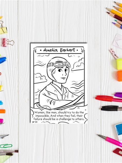 Amelia Earhart Coloring Page Women In History Printable Etsy