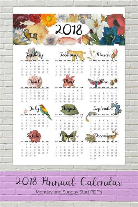 Cute And Colorful Printable 2018 Calendar Yearly At A Glance Calendar