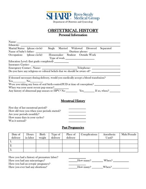 Ob Hx Form Obstetric History Form Sample Format Department Of