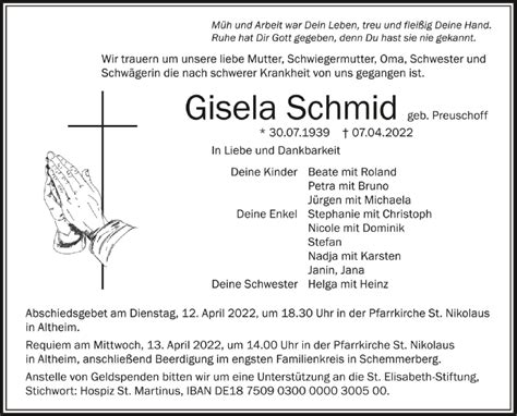 Traueranzeigen Von Gisela Schmid Schwaebische De Trauerportal My XXX