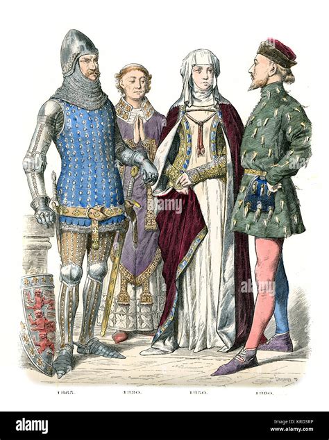 Vintage Engraving Of English Medieval Fashions Of Noble People 14th