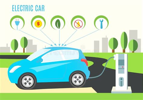 Electric Blue Hybrid Car Charging Illustration On The Road And City