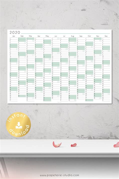 2020 Yearly Wall Calendar Printable Wall Planner 2020 Mint Tones