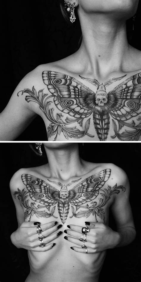 Two Pictures Of A Womans Chest With Tattoos On Her Body And In The Background There Is An Image