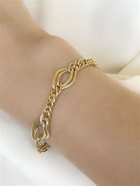 K Solid Gold Chain Bracelet Real Gold Curb Link Chain Miami Curb