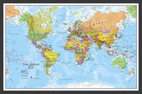 Small World Wall Map Political Wood Frame Black