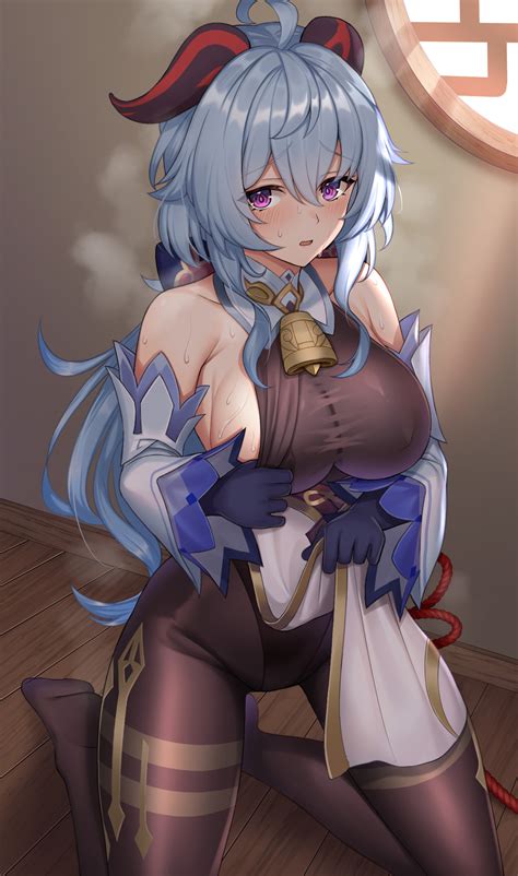 Rule 34 1girls Blue Hair Blush Cleavage Clothed Cowbell Female Focus Female Only Ganyu