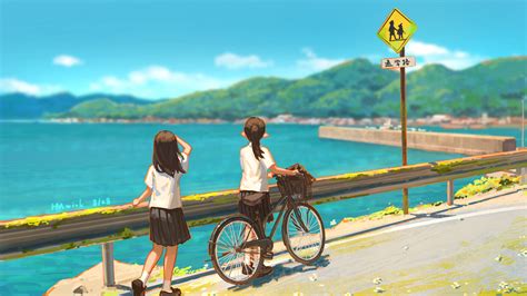 Wallpaper Hua Ming Wink Anime Girls Bicycle Road Sea Original