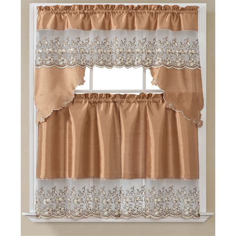 Eden 3 Piece Floral Embroidery Kitchen Curtain Set With Swag Valance Taupe 30x36 Inches