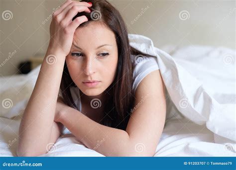 Sad And Alone Woman Lying In Her Bed Depressed Stock Image Image Of Guilty Home 91203707