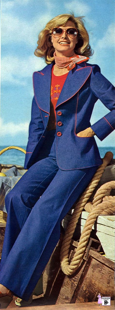 1975 vintage fashion style 70s pantsuit pants jacket jean blue red piping color photo print ad