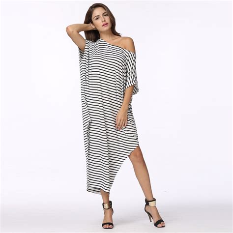 2019 Women Summer Dress Long Maxi Loose Dress Striped Batwing Sleeve