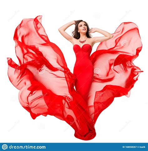 Woman Red Silk Dress Fluttering On Wind Fashion Model Beauty Blowing
