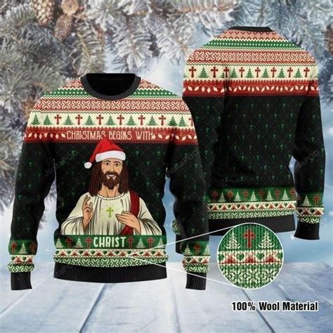 Buy Christmas Begins With Christ Jesus Ugly Christmas Sweater All Over