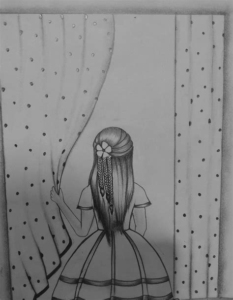 A Girl With Curtain Girl Backside Drawing Pencil Sketch Drawing