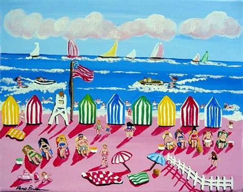 Whimsical Beach Scene Sun Boats Fun Colorful Folk Art Painting Renie
