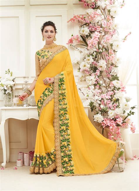 Party Wear Yellow Color Saree With Images Party Wear Sarees Online