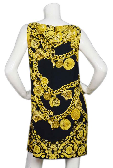 Versace 2014 Black And Gold Medusa Medallion Chain Print Mini Dress