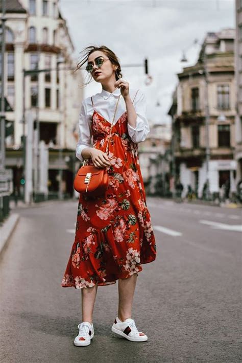 Floral Dress White Blouse Red Bag Streetstyle White Shoes