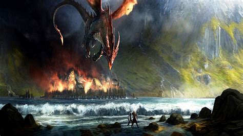 Fantasy Dragon Is Flying On Body Of Water Near Castle Hd Dreamy
