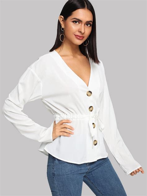 drawstring waist button up blouse waist drawstring blouse fashion open shoulder tops women