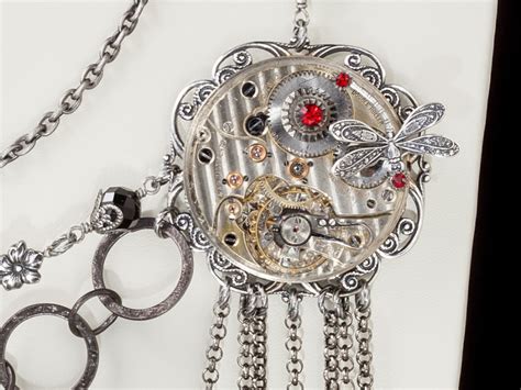 Steampunk Jewelry Statement Necklace Silver Pocket Watch Gold Gears