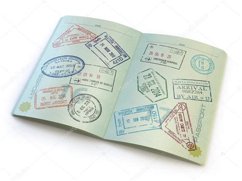 Opened Passport With Visa Stamps On The Pages Isolated On White Stock