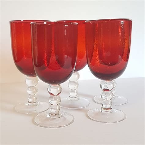 Set Of 5 Ruby Red Blown Glass Goblets 3 Ball Clear Stem Etsy