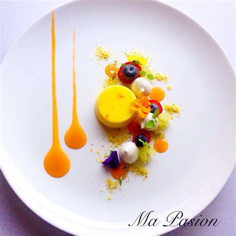 Dessert fine dining desserts, food plating, food. Saffron panna cotta with apricot purée, pistachio praline ...