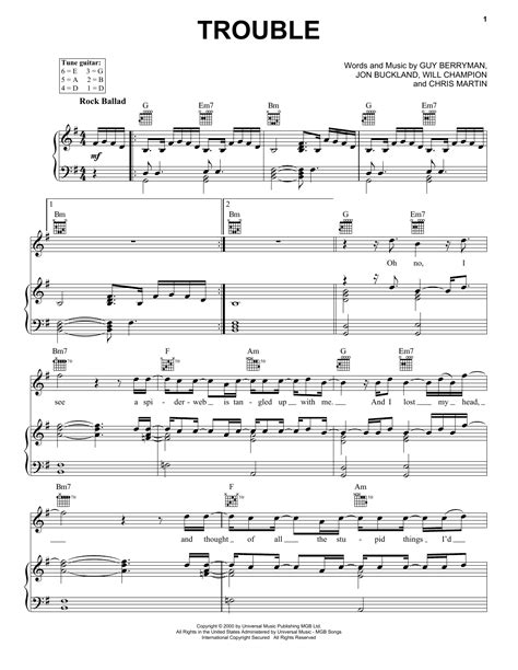 Trouble Sheet Music Coldplay Piano Vocal And Guitar Right Hand Melody