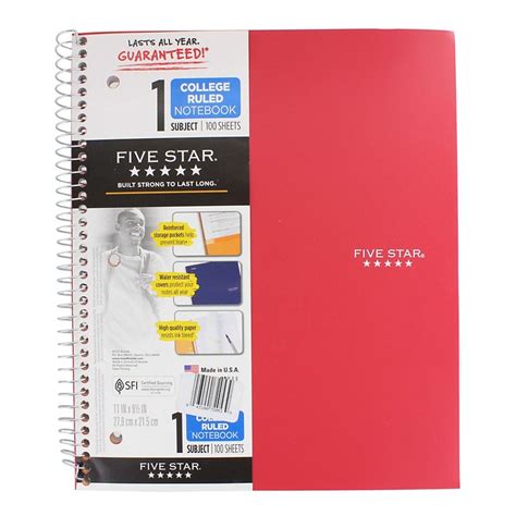 Five Star Red 1 Subject College Ruled Spiral Notebook Shop School