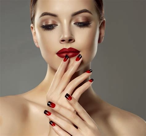 Fingers Gray Background Face Red Lips Manicure Makeup