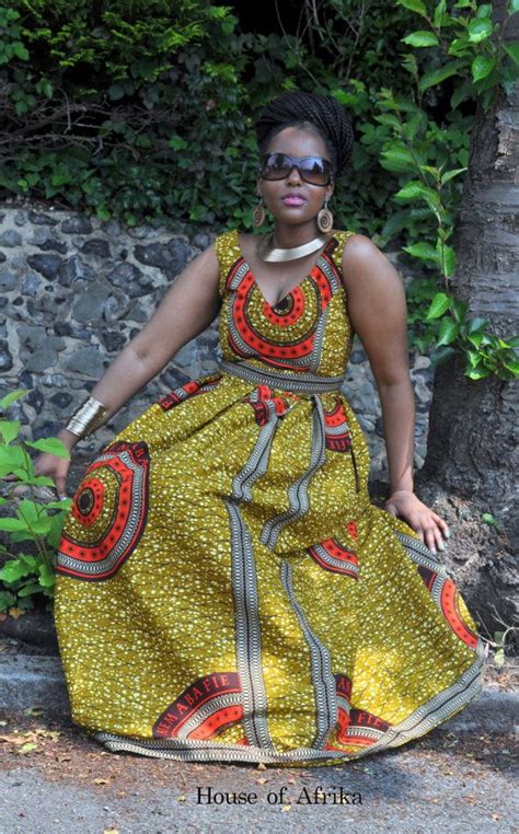 African Print Fit And Flare Maxi Dress In Brown Mustard Red And Cream