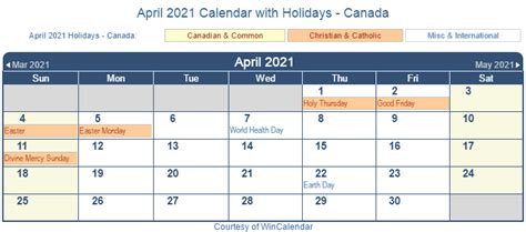 Print Friendly April 2021 Canada Calendar For Printing