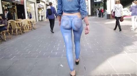 Girl Wearing Just A Thong And Body Painted Jeans Walks Down Busy Street Unnoticed Video