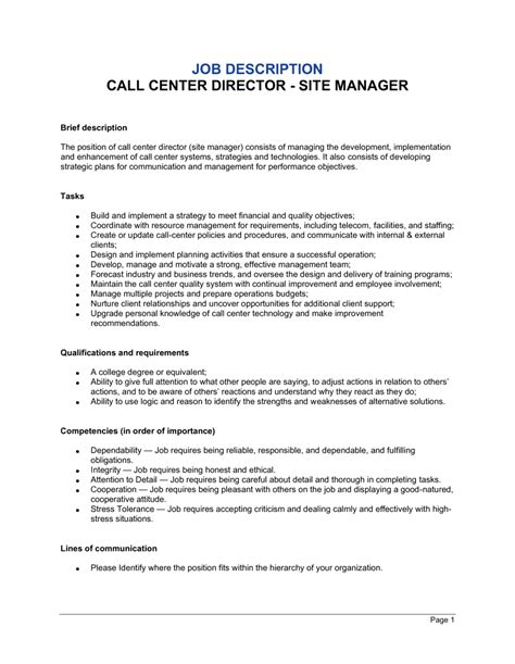 Call Center Director Site Manager Job Description Template By