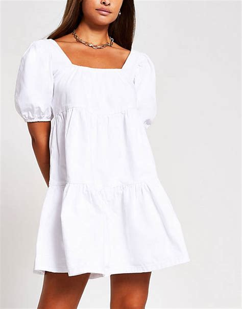 River Island Puff Sleeve Smock Tiered Mini Dress In White Asos