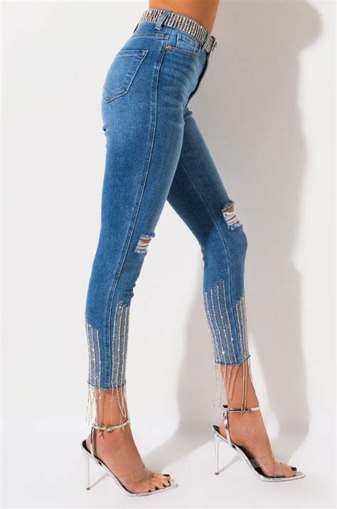 Too Good High Waisted Rhinestone Fringe Skinny Jeans In 2021 Skinny Jeans Sleek Turtleneck
