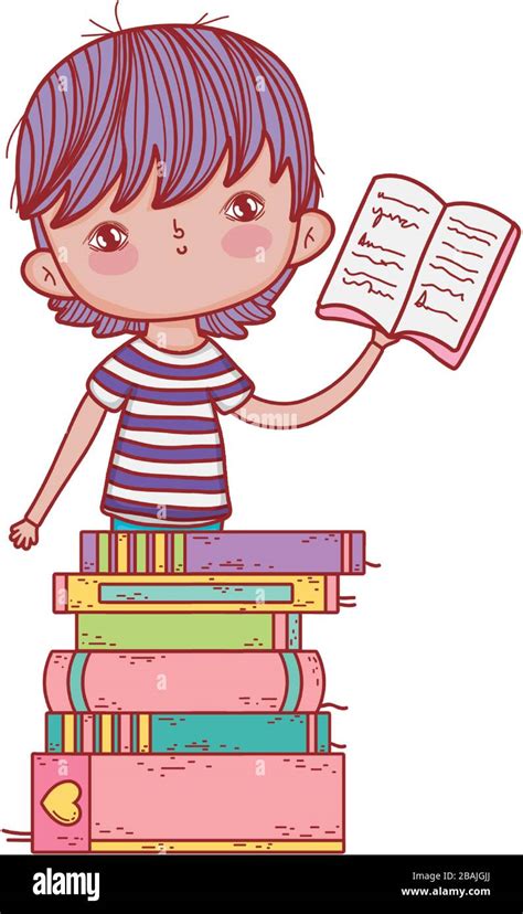 Little Boy Holding Open Book Stacked Books Vector Illustration Stock
