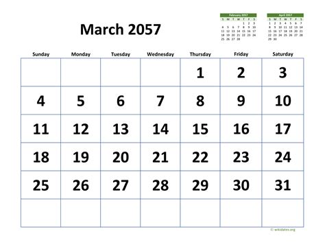 March 2057 Calendar With Extra Large Dates