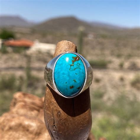 Kingman Turquoise Ring Sterling Silver Cabochon Ring With 18 Etsy