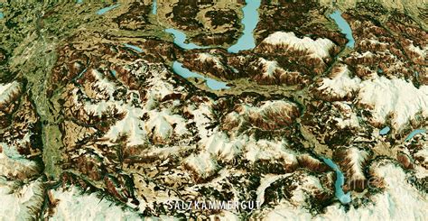 Austria Salzkammergut Topographic Map 3d View Winter Color Digital Art