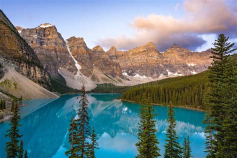 Sunrise Over Moraine Lake Banff National Park Alberta Canada Stock