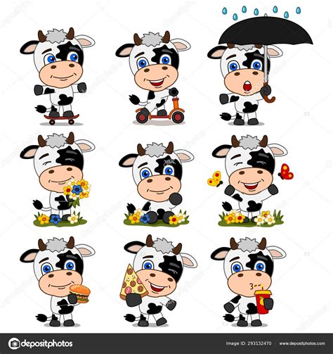 Set Charming Cartoon Characters Cows Fast Food Different Poses Flower Stock Vector Image By