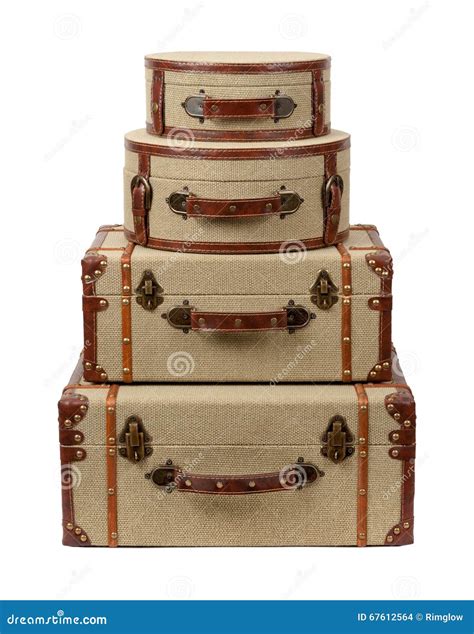 Four Stacked Deco Burlap Suitcases Stock Photo Image Of Leather