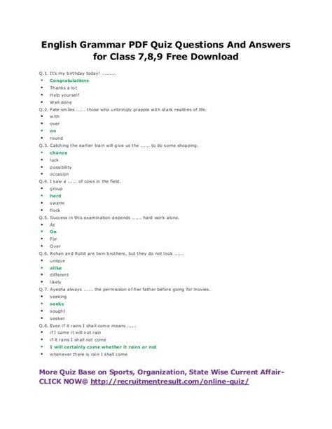 English Grammar Pdf Quiz Questions And Answers For Class 789 Free D