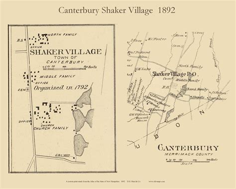 Canterbury Shaker Village Custom New Hampshire 1892 Old Town Map