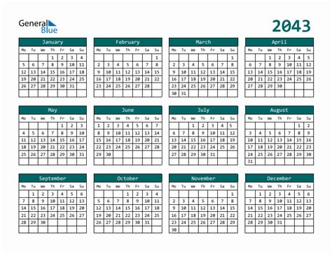 2043 Yearly Calendar Templates With Monday Start