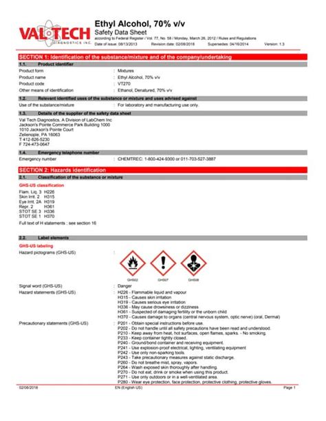 M13 Ethyl Alcohol 70 Msds Sheet Pdf